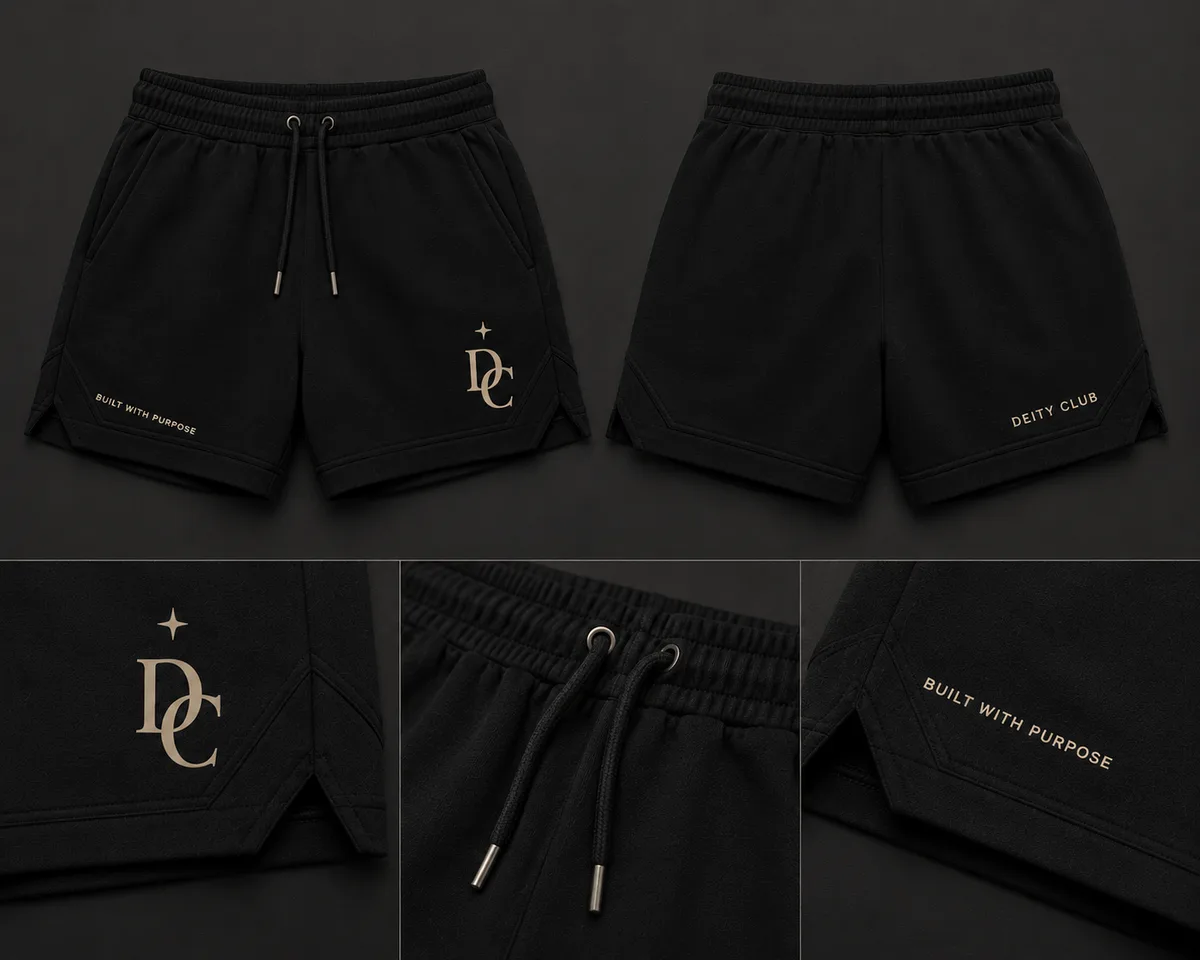 Deity Club Vol. I shorts — DC monogram on the leg with a Built With Purpose hem detail